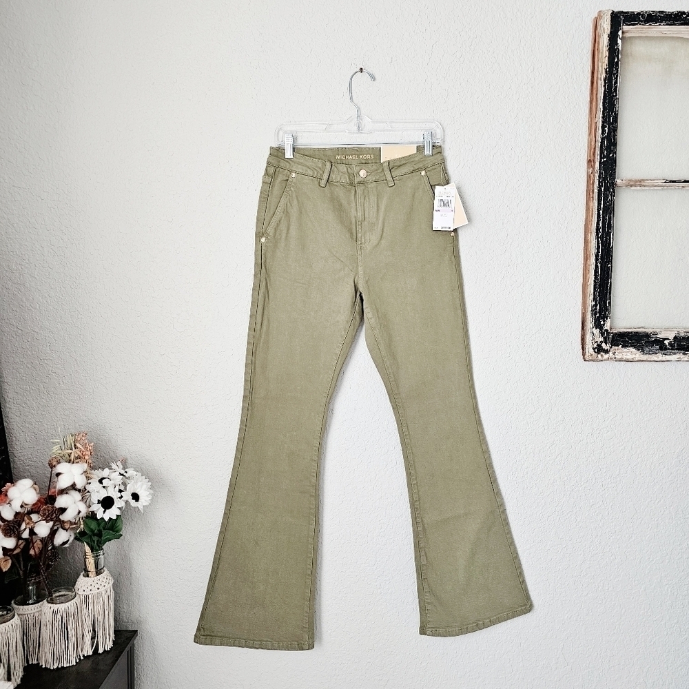 MICHAEL Michael Kors High Rise Selma Flare Jeans Olive Green Retro Stretch 6 NEW - Picture 1 of 13